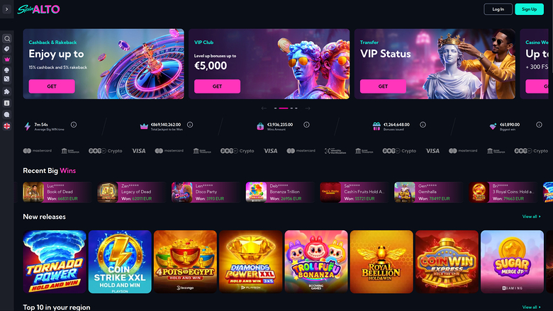 An online casino lobby screen showing promotional banners, recent big wins, new game releases and a top-10 section.