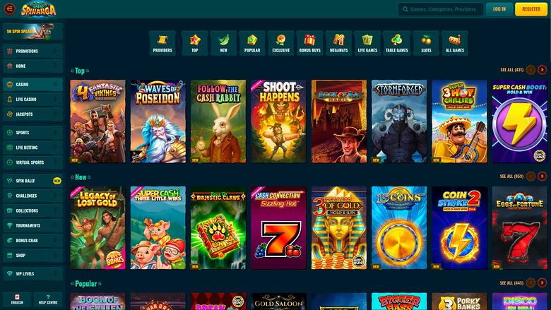 An online casino lobby page showing rows of game tiles under Top, New and Popular headings with a left sidebar menu and a top bar.