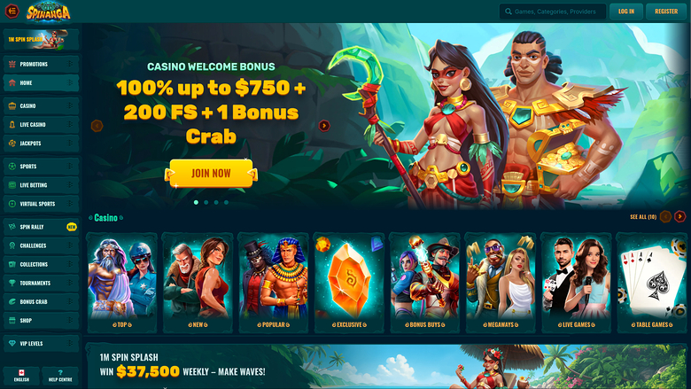 Spinanga casino lobby showing a welcome bonus hero banner, a left sidebar menu and a row of game category tiles.