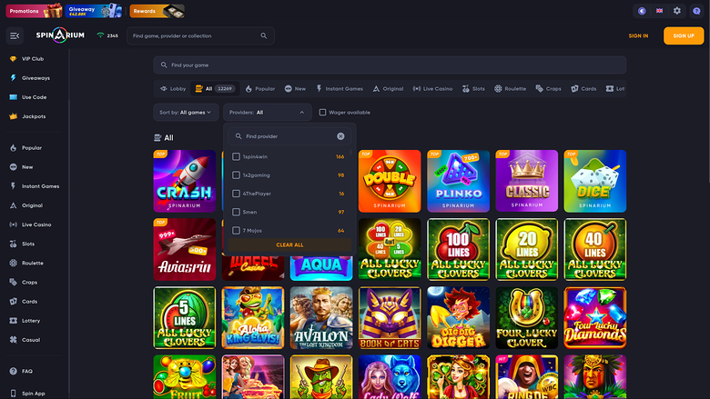 Spinarium Casino — Games by studio