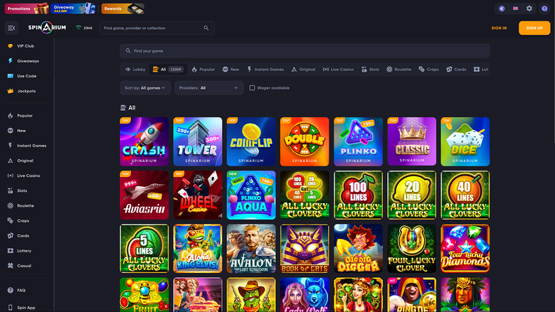 Spinarium Casino — Games lobby