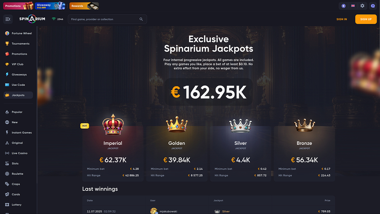 Spinarium Casino — Jackpot games