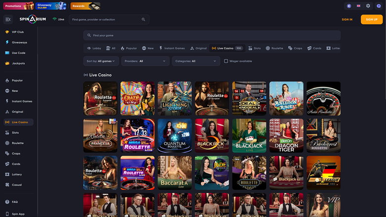 Spinarium Casino — Live dealer lobby
