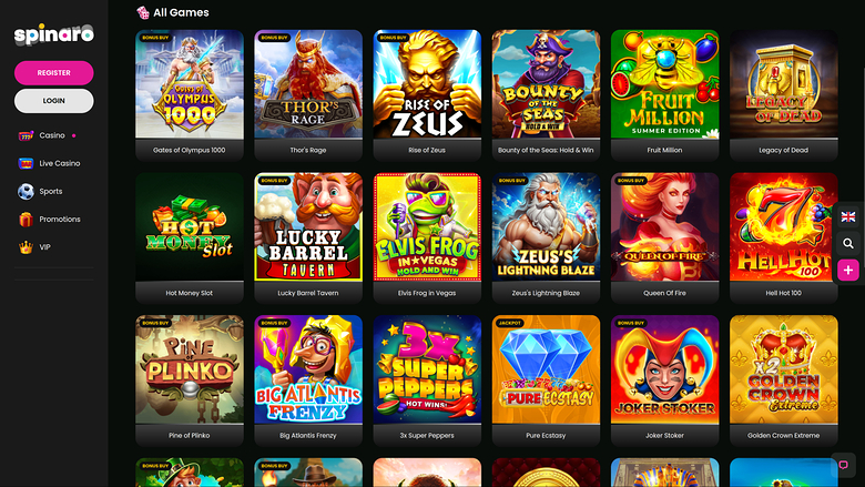 A casino lobby screen titled All Games showing a grid of game tiles with a left sidebar menu and a Spinaro logo.