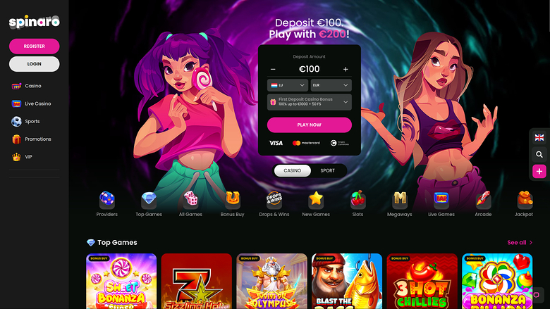 A Spinario casino homepage shows a deposit bonus widget over a purple hero image with two illustrated characters, a left sidebar menu, and a Top Games row below