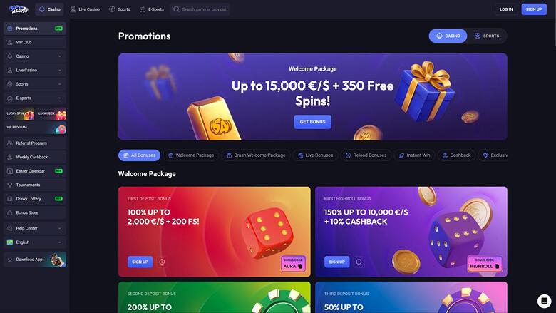 SpinAura Casino — Promotions page