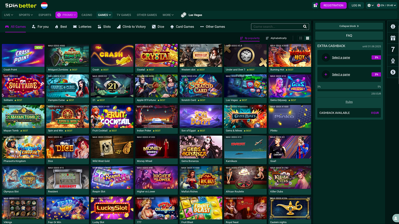 A Spinbetter online casino lobby page showing a grid of game tiles with a top navigation bar and a right-hand sidebar.
