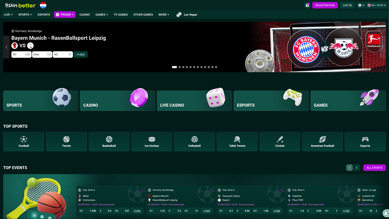 A Spinbetter casino and sportsbook homepage showing a football match hero banner, main category tiles, and a list of top sports and events.