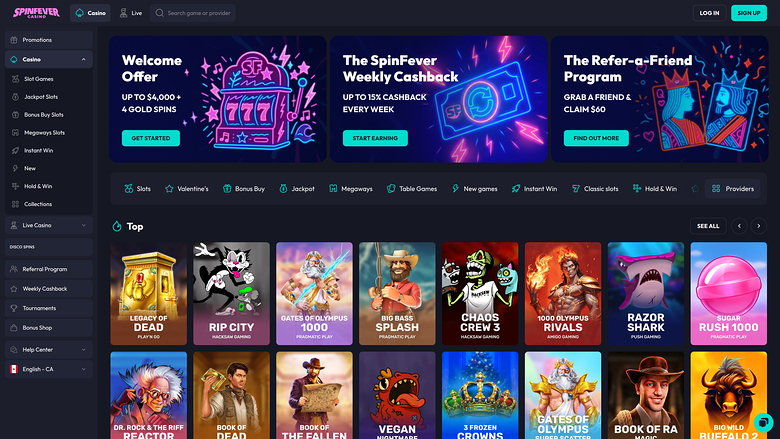 A SpinFever online casino lobby shows a promotions banner row above a Top games grid of slot tiles.
