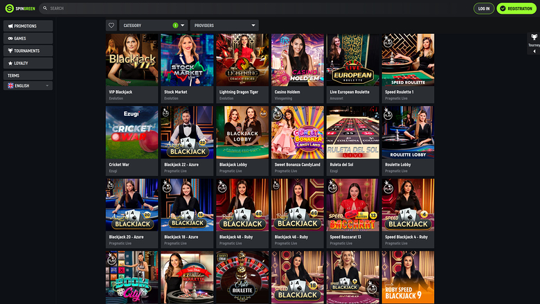 SpinGreen Casino — Live dealer lobby