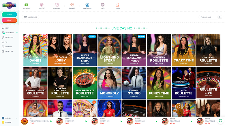 Spinia Casino — Live dealer lobby