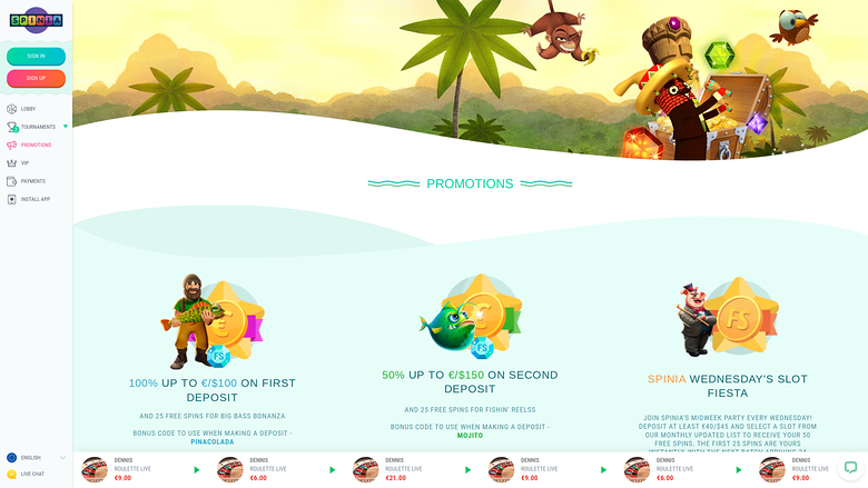 Spinia Casino — Promotions page