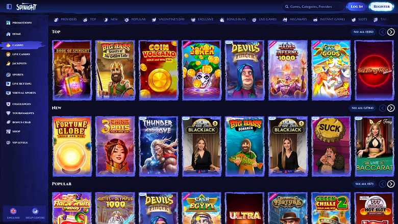 A desktop online casino lobby screenshot showing a left sidebar menu, a top navigation bar, and rows of game thumbnails under Top, New and Popular headings.