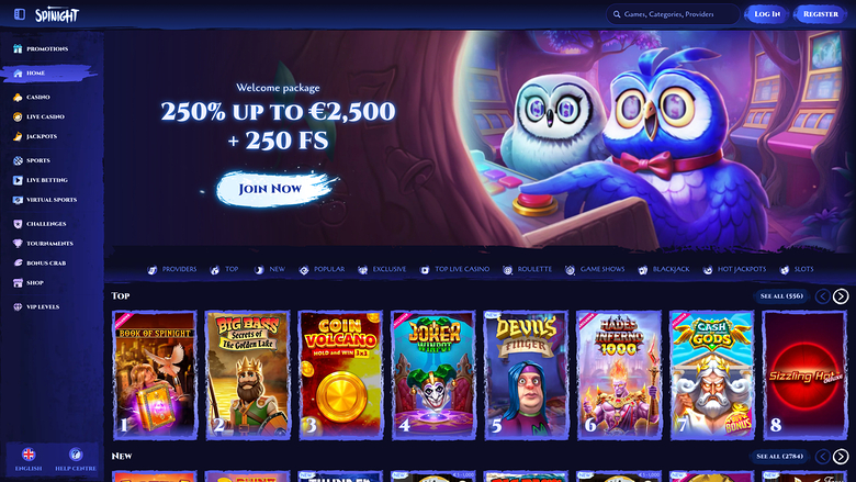 A desktop online casino lobby for Spinight showing a welcome bonus hero banner and a Top games row of numbered tiles.