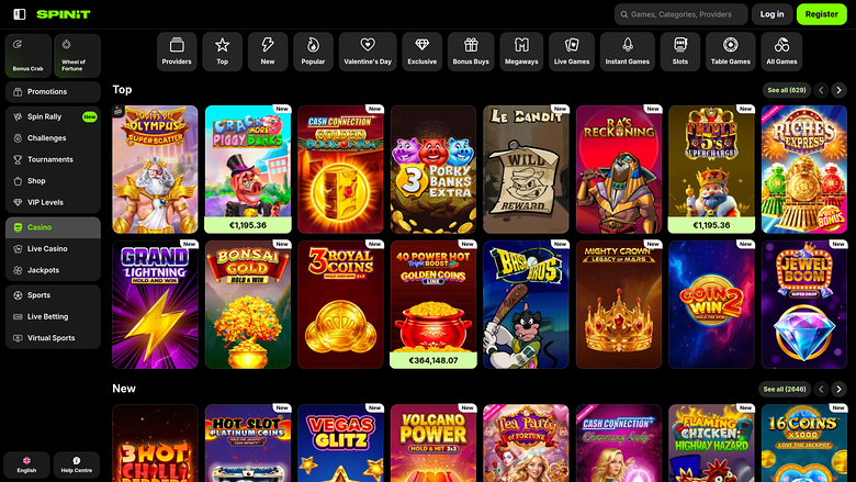 A desktop online casino lobby for 'SPINIT' showing a left sidebar menu, a top navigation bar, and rows of game tiles under 'Top' and 'New' sections.