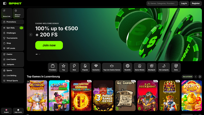 A desktop online casino lobby for 'SPINIT' showing a welcome bonus hero banner and a row of game tiles under the heading 'Top Games in Luxembourg'.