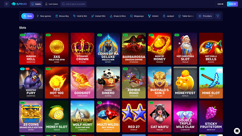 A Spinjo casino slots lobby page showing a grid of game tiles under a category menu.