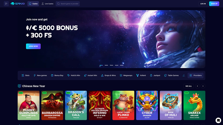 A Spinjo casino lobby homepage showing a welcome bonus hero banner and a row of game tiles under a Chinese New Year heading.