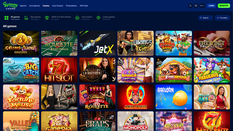 An online casino lobby page titled 'All games' showing a grid of game tiles beneath a top navigation bar and category tabs.