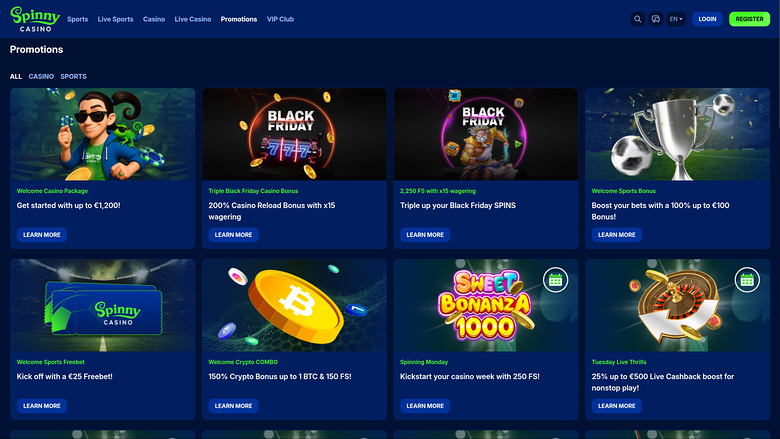 A Spinny Casino promotions page displaying a grid of eight promotional offer cards under a dark blue header.