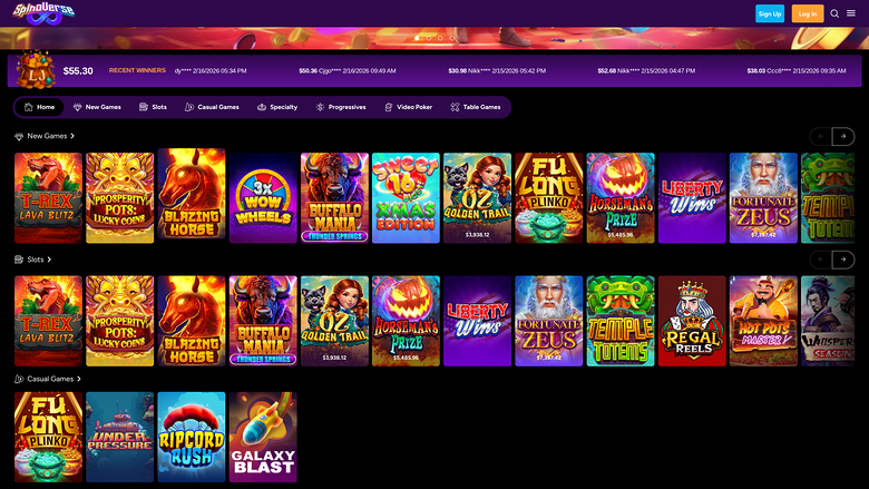 An online casino lobby page showing a top bar, a recent winners ticker, a category menu and rows of game tiles under New Games, Slots and Casual Games headings.