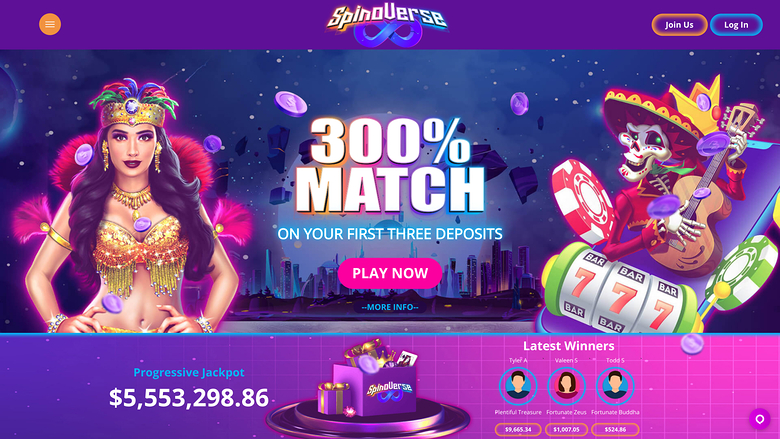 SpinVerse casino landing page showing a 300% match bonus hero banner, a progressive jackpot amount and a latest winners panel.