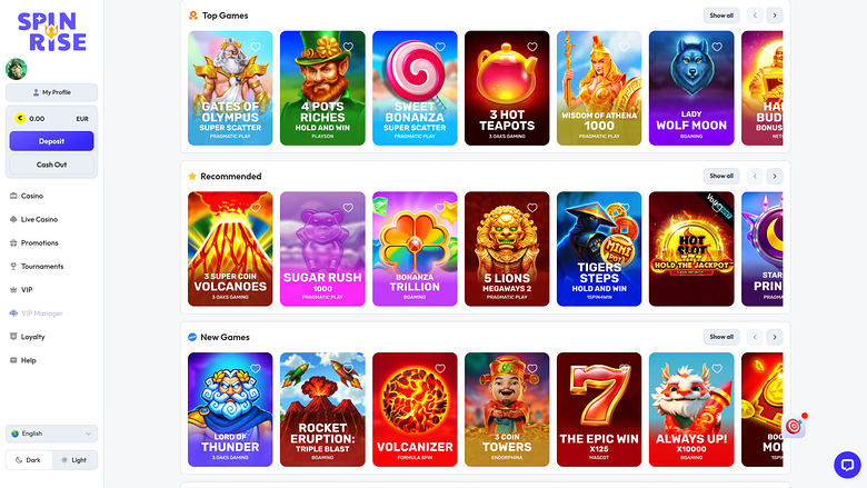 An online casino lobby screen showing a left sidebar menu and three horizontally scrolling rows of game tiles labelled Top Games, Recommended and New Games.
