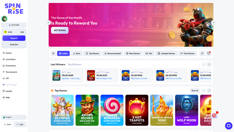 A Spin Rise online casino lobby screen showing a promotional hero banner, a horizontal category menu, a 'Last Winners' strip and a 'Top Games' grid of game tile
