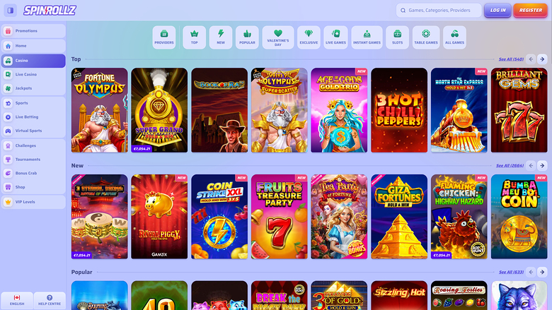 SpinRollz online casino lobby showing a left sidebar menu, top filter tabs, and rows of game tiles labelled Top, New and Popular.