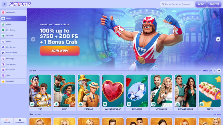 Spinollz online casino lobby showing a welcome bonus hero banner, a left sidebar menu, and rows of casino game tiles.