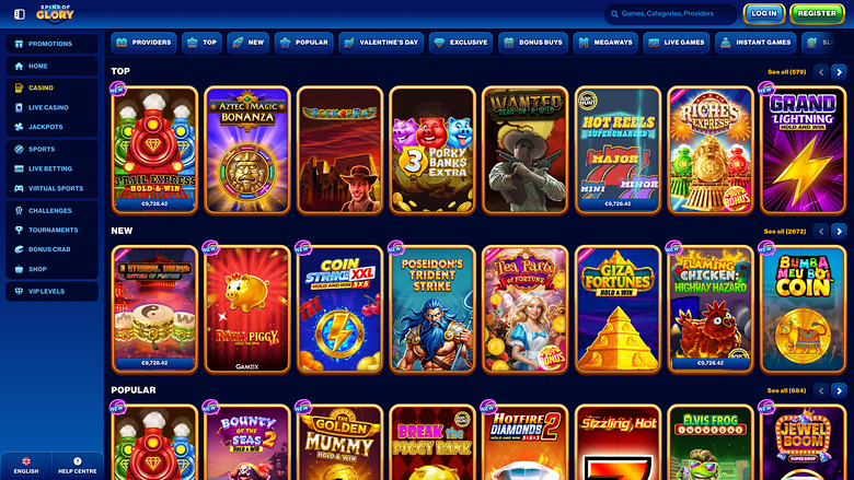 An online casino lobby screen showing rows of game tiles under Top, New and Popular headings with a left sidebar menu and top navigation bar.
