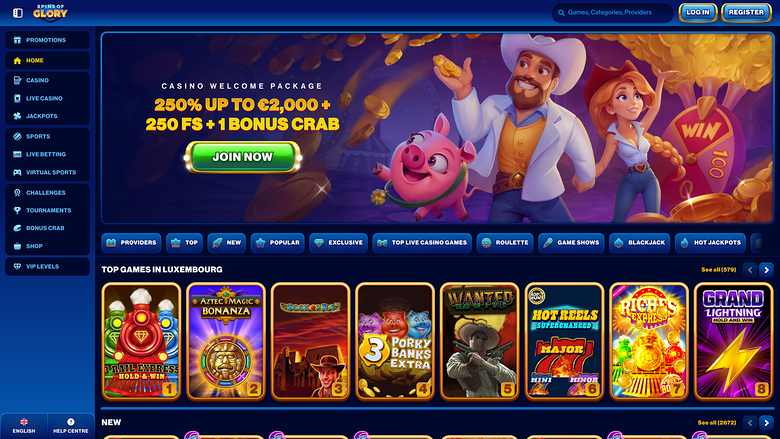 {"summary":"An online casino lobby shows a welcome bonus banner above a row of game tiles under the heading Top Games in Luxembourg.","colours":"Deep navy blue