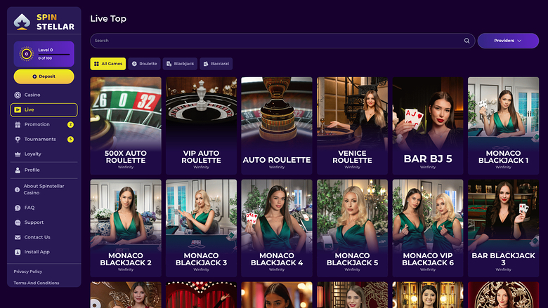 Spinstellar Casino — Live dealer lobby