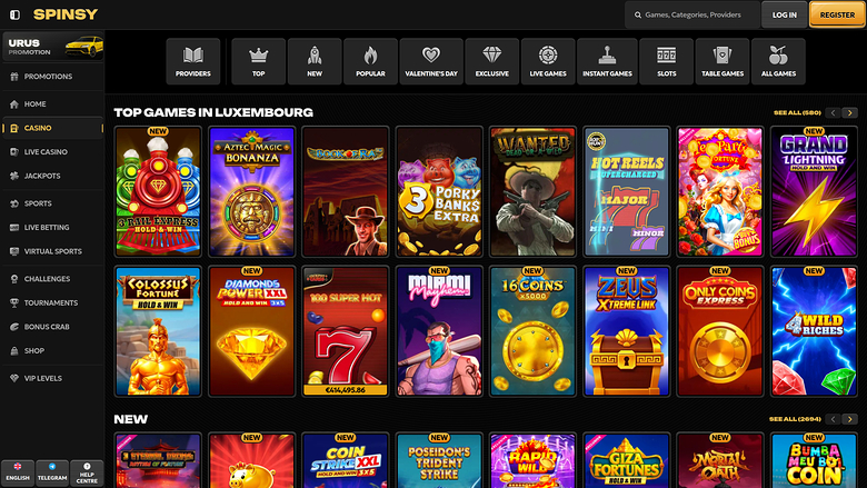 A dark-themed SpinSy casino lobby shows a top navigation bar, a left sidebar menu, and rows of game tiles under the heading 'TOP GAMES IN LUXEMBOURG'.