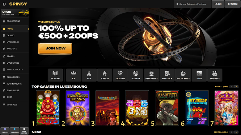 Spinsy casino lobby homepage showing a welcome bonus hero banner and a row of top game tiles for Luxembourg.