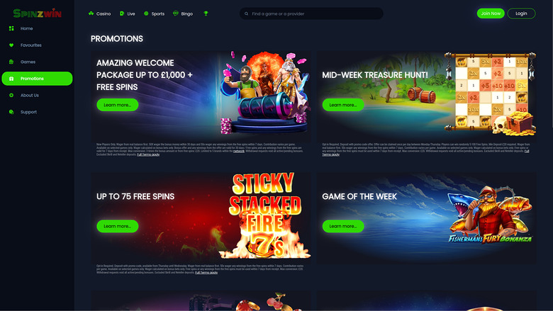 SpinzWin Casino — Promotions page