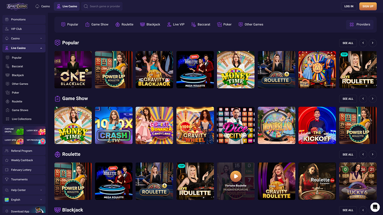 Spirit Casino — Live dealer lobby
