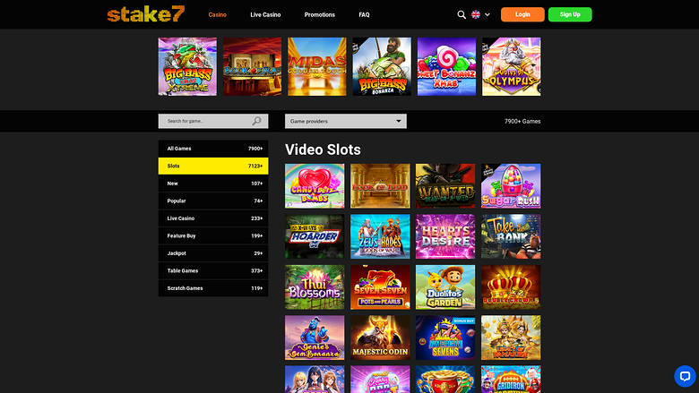 A Stake7 online casino lobby page showing a Video Slots category with a left sidebar of game filters and a grid of game tiles.