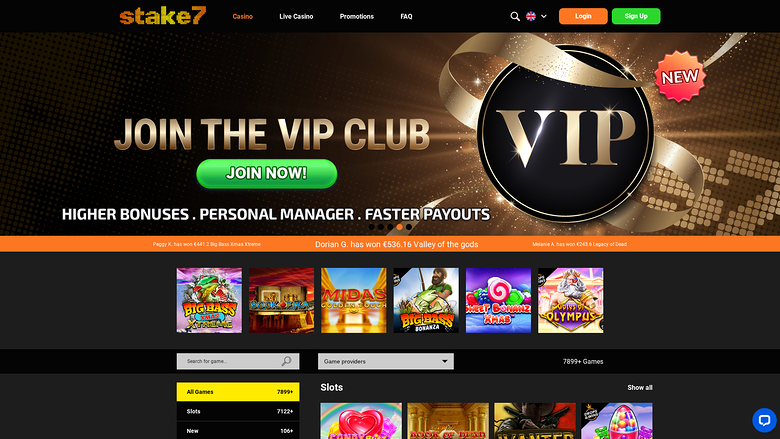 Stake7 casino homepage showing a VIP club promotion banner above a row of game tiles and a slots lobby with category filters.