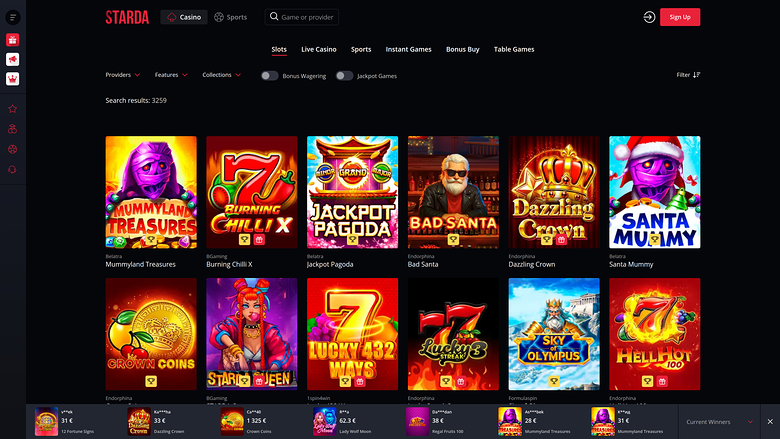 A Starda casino lobby page showing a grid of twelve game tiles under a 'Search results: 9259' heading with category tabs and filter controls.