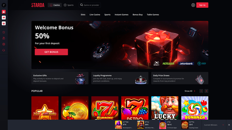 A dark-themed online casino lobby shows a 50% welcome bonus banner, three promotional tiles, and a row of game thumbnails under a Popular heading.