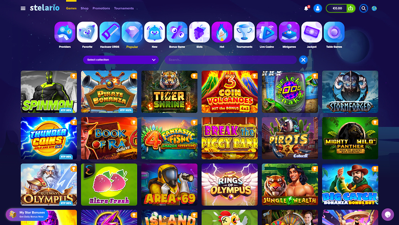 A casino lobby screen on the Stelario site showing a row of category icons above a grid of game tiles.