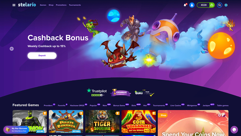 A casino lobby homepage for Stelario showing a Cashback Bonus hero banner and a row of game tiles under Featured Games.