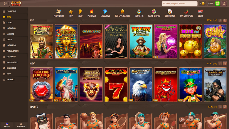 An online casino lobby screenshot showing a left sidebar menu, a top navigation bar with category tabs, and rows of game tiles under the headings TOP, NEW and S