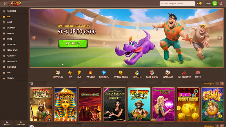 An online casino lobby screen showing a sports-themed reload bonus banner above a row of game tiles and a left-hand navigation menu.