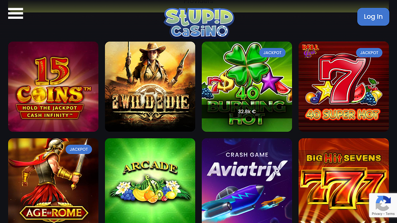 A casino lobby screen shows a grid of eight game tiles beneath a header with a menu icon, the Stupid Casino logo and a Log In button.