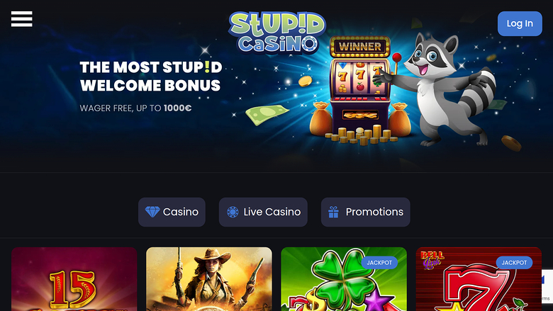 A casino homepage hero banner advertises a wager-free welcome bonus up to 1000€ above three lobby category buttons and a row of game tiles.
