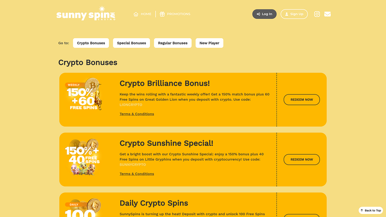 Sunnyspins Casino — Promotions page