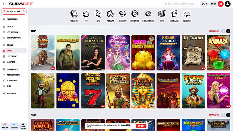 A Supabet casino lobby screenshot showing a left sidebar, a top provider menu, and rows of game tiles under TOP and NEW headings.