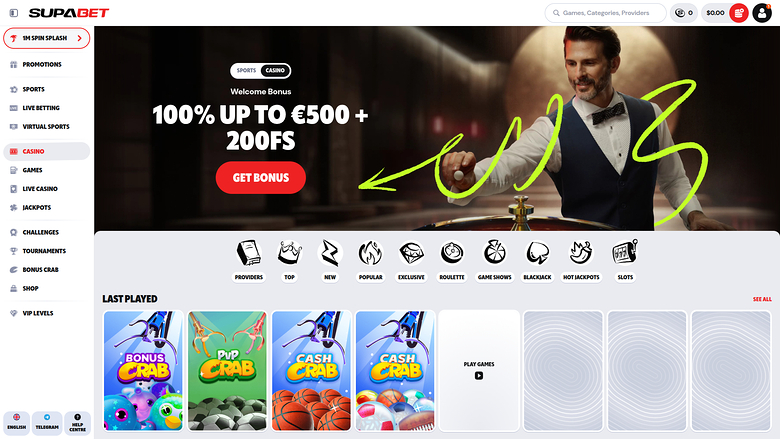 A Supabet casino lobby screenshot showing a welcome bonus hero banner, a left sidebar menu, a category icon row and a Last Played game row.